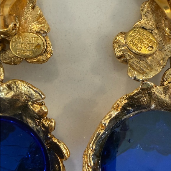 Brigitte Lambert Paris Blue Acrylic and Gold Clip On Statement Earrings - Picture 5 of 7